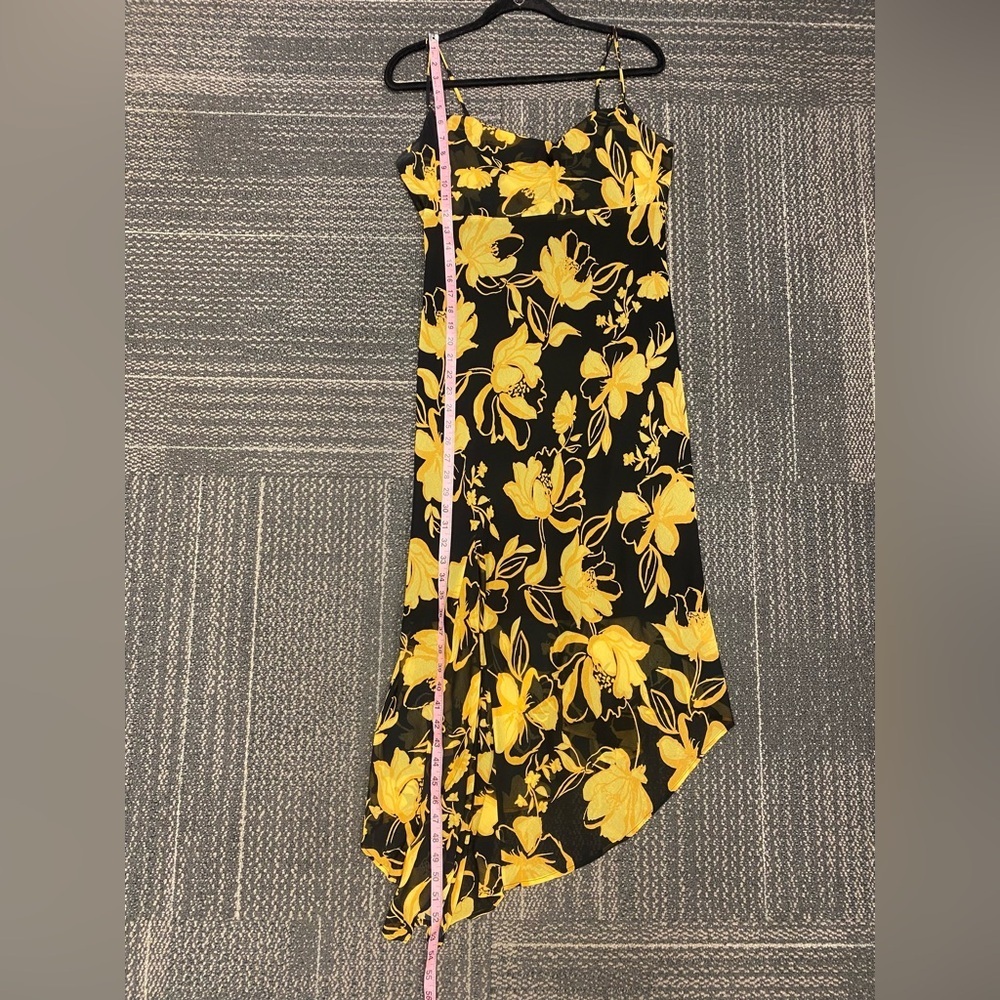 C/MEO On and Off Black and Yellow Floral Print Asymmetrical Midi Dress Sz Large - Picture 13 of 15